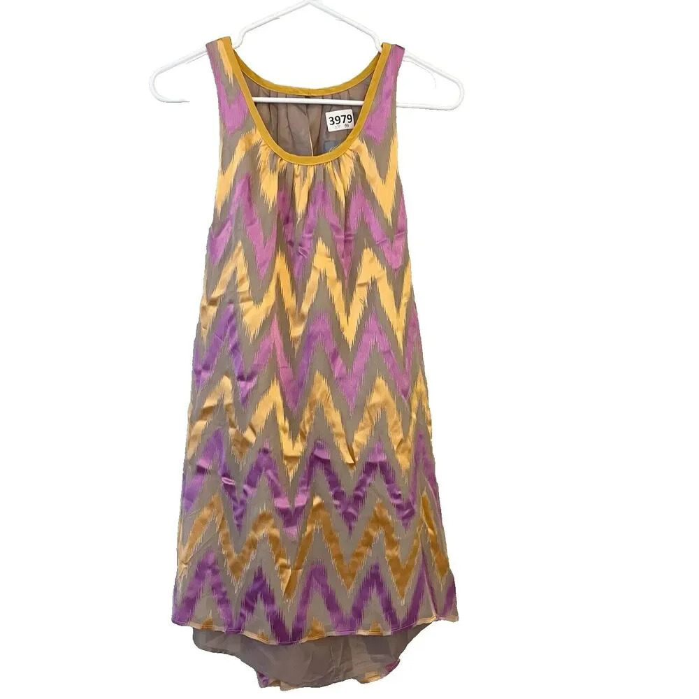 Hunter Dixon Silk Mini Dress Small Women Colorful Abstract Chevron Lilac Yellow